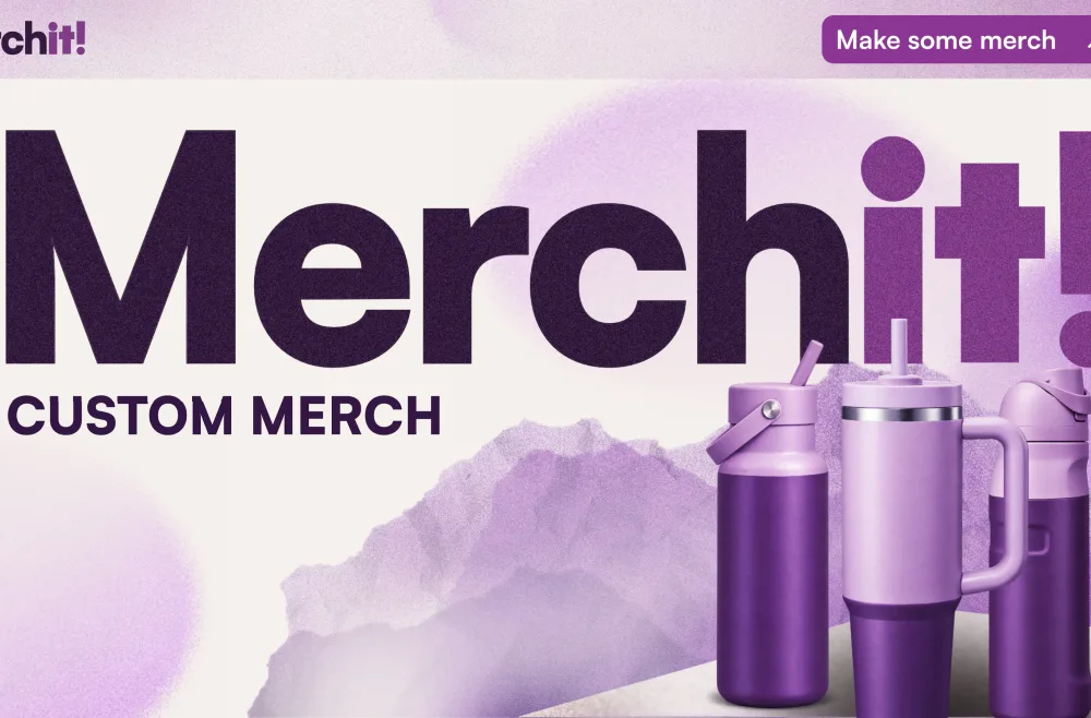 the merchit! website: the giant wordmark with purple bottles breaking through it