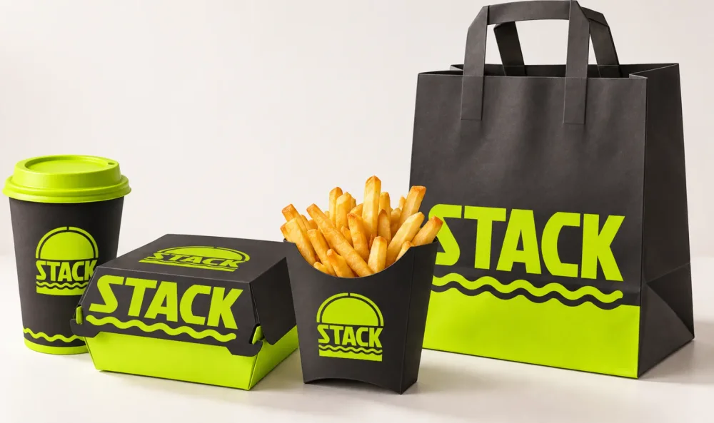 stack packaging: a charcoal cup with a lime lid, burger box, fry carton and takeaway bag