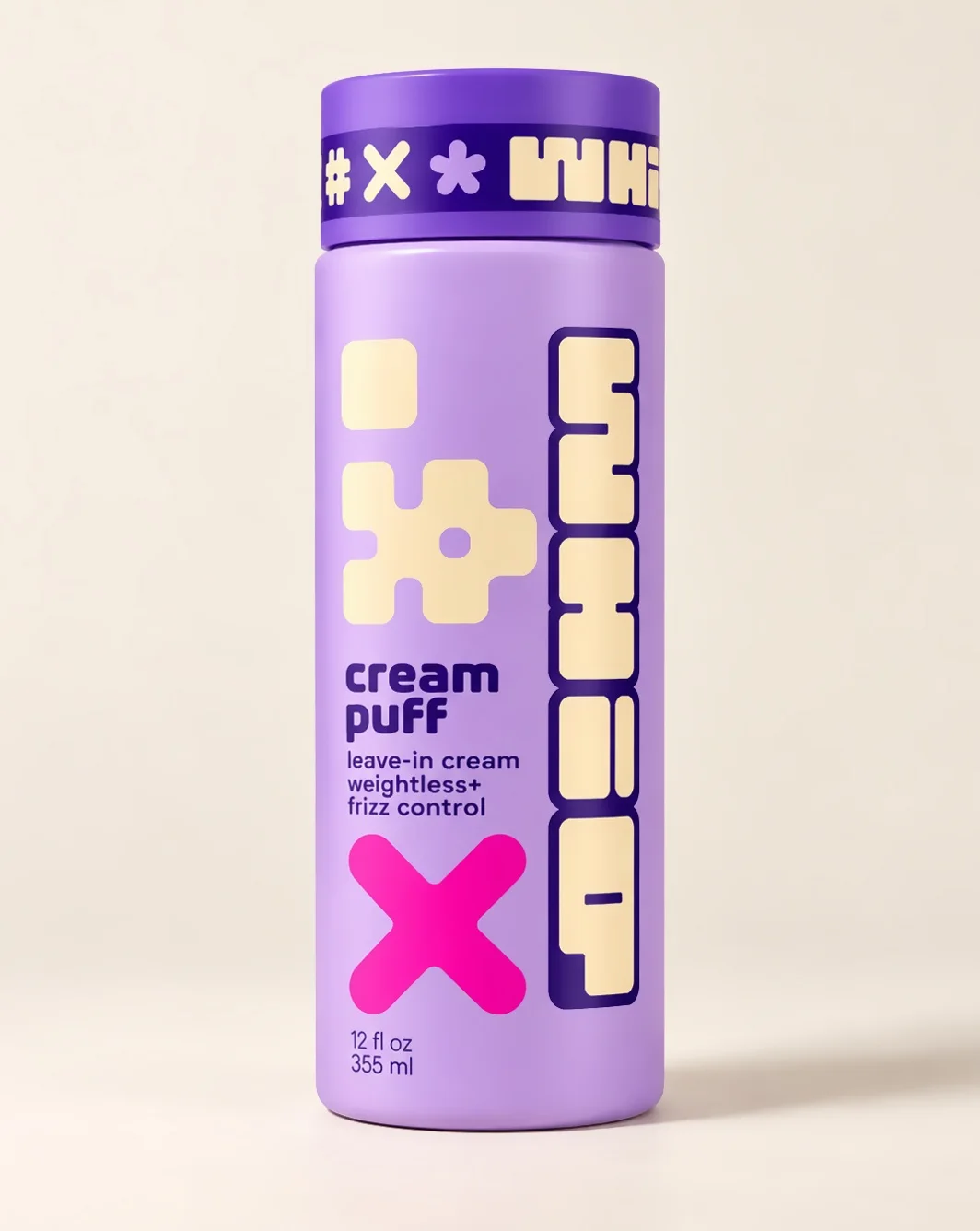 cream puff, a lilac bottle with a cream puzzle shape and a pink x