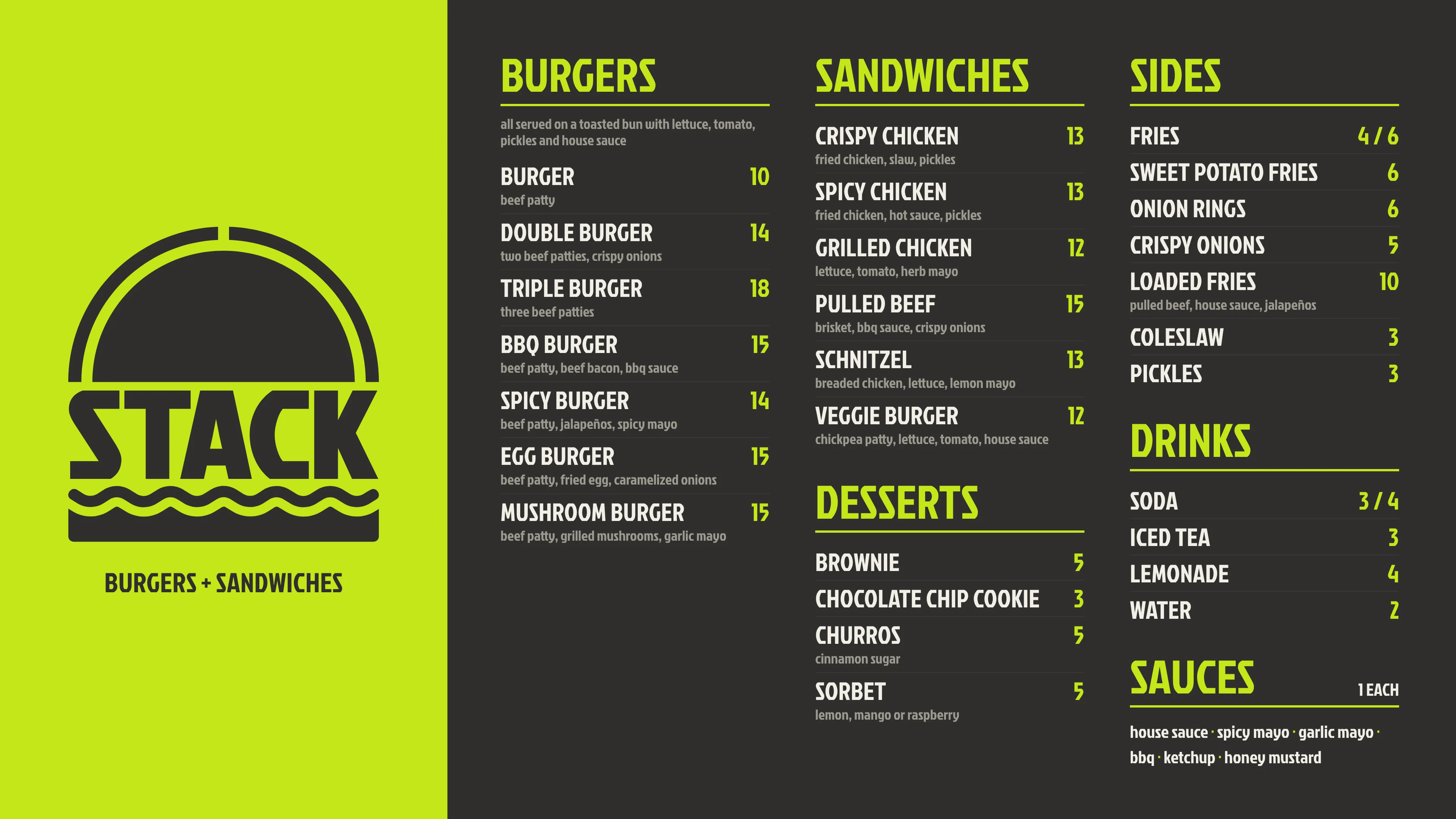 the stack menu board: burgers, sandwiches, desserts, sides, drinks and sauces on charcoal, the stack mark on lime