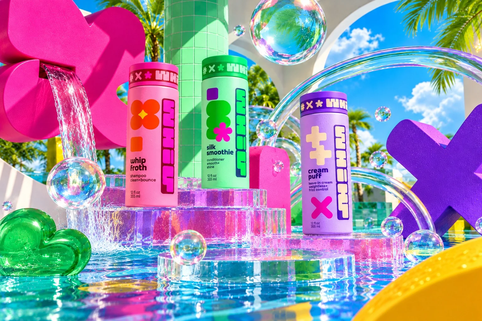 the whole line by a pool: water pouring from a giant pink flower, bubbles, a green cloud and a purple x